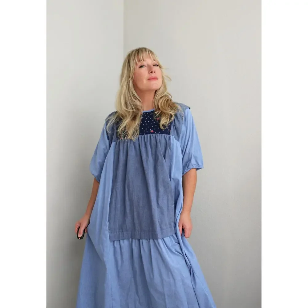 1970's Vintage Chambray Prairie Tent Dress ~Women's Ones Size Fits Most XS SM MD - Picture 3 of 10